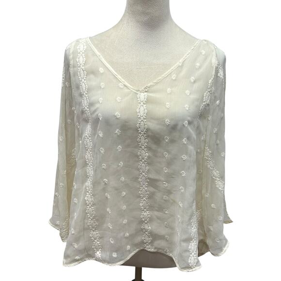 Romantic Sheer Embroidered Boho Blouse Jennifer Lopez White XS - Picture 1 of 8